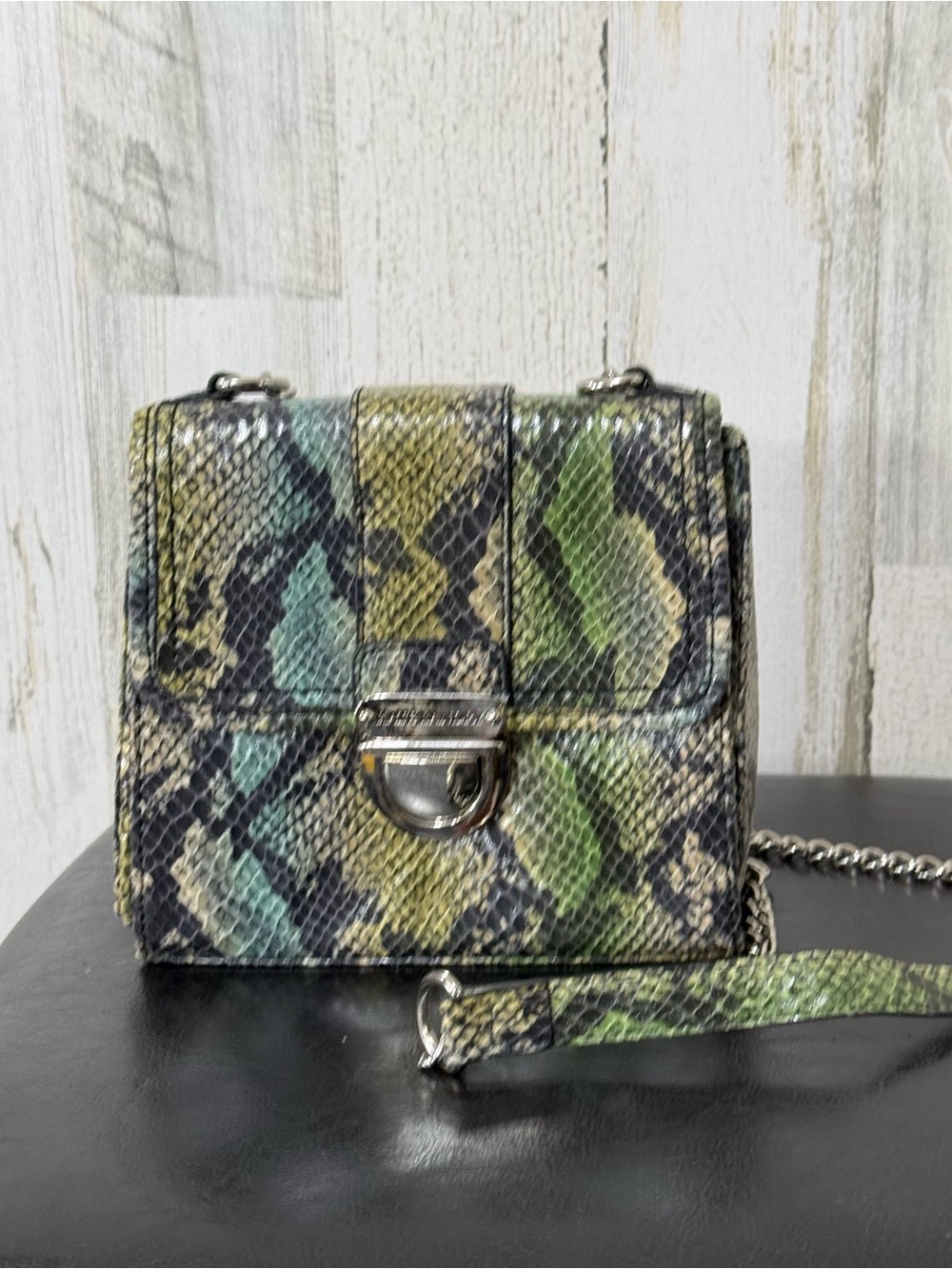 Snake-Print Crossbody Bag in Green Blue Yellow Chain Strap